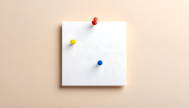 Square white textured board with three colorful push pins, office organization, reminder, planning, task management