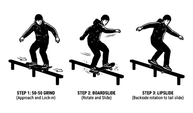 Skateboarding grind trick collection vector set with urban street skater performing 50-50 and boardslide tricks isolated on white background