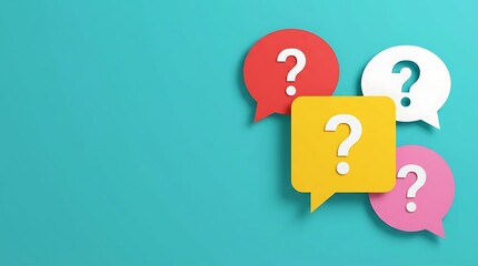 Colorful paper cut-out speech bubbles with question marks on teal background, concept of uncertainty, inquiry, confusion, and searching for answers or solutions. 