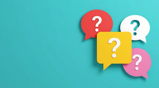 Colorful paper cut-out speech bubbles with question marks on teal background, concept of uncertainty, inquiry, confusion, and searching for answers or solutions.
