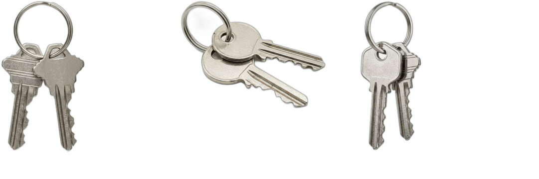 Metal Keys on Keychain Ring PNG Set - Silver House Keys Isolated on Transparent Background for Real Estate Marketing, Home Security Graphic Design, Move In Day Concepts, Locksmith Service Web Assets, 