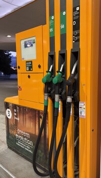 PREEM fuel pumps at a self-service gas station in Sweden with gasoline and diesel nozzles for road transportation and energy distribution