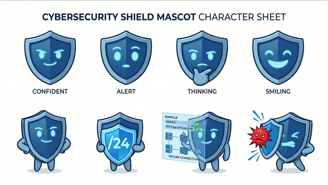 Digital shield characters expressing cybersecurity emotions and actions