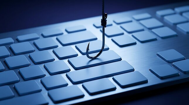 Fishing hook hovering over blank keys on a computer keyboard representing cyber attack phishing scam threat and data security breach risk concept.