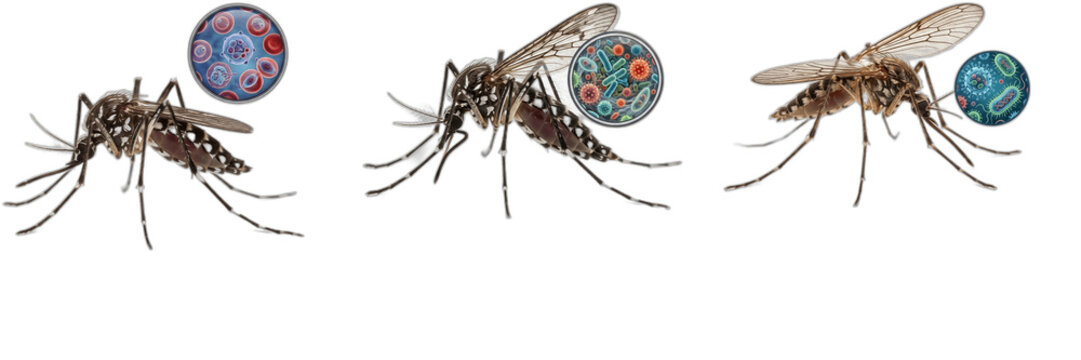 Mosquito PNG Set with Virus Cells - Insect Vectors Isolated on Transparent Background for Malaria, Dengue, Zika Disease Medical Infographics, Health Care Education Graphic Design, Pest Control Clipart
