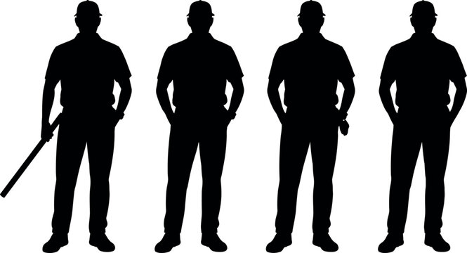 Silhouettes of four men standing together wearing caps and polo shirts with one holding a baseball bat vector illustration design.