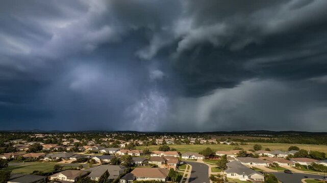 Dark storm clouds loom over suburban neighborhood