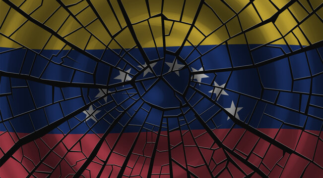 Vector mourning poster. Shattered, broken into pieces, Venezuelan national flag. Large cracks. Powerful, destructive earthquake. Natural disaster. Crash and collapse
