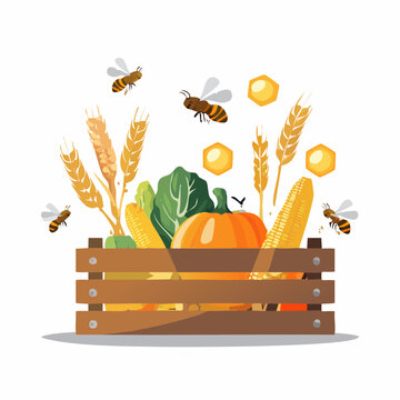 Wooden Crate Filled with Fresh Harvest Vegetables and Wheat with Flying Honeybees