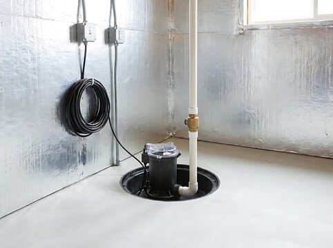 Sump pump equipment installed inside concrete floor basement with foil insulation walls featuring clear cover and vertical discharge pipe system for flood prevention in residential homes.