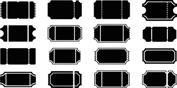 Black silhouette ticket icons with perforated edges and different shapes admission