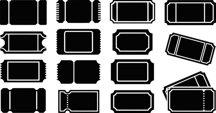 Black Silhouette Ticket Icons of Various Shapes and Designs admission entry