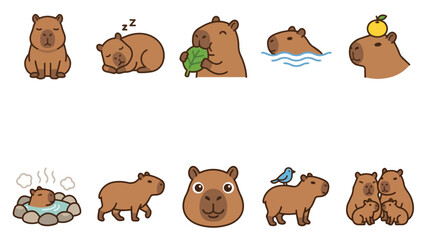 Obraz premium Cute capybara character set with various poses and activities