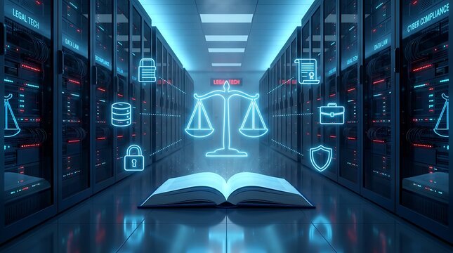 Conceptual illustration showing digital justice and legal technology with glowing neon scales of justice symbols and open book inside modern server rack room data center office.
