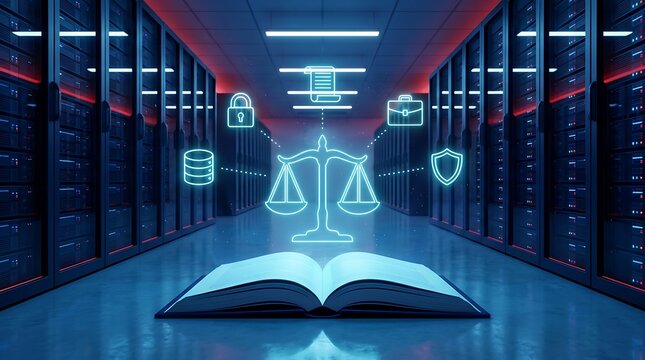 Digital technology legal compliance abstract concept in data center with glowing icons showing data security and law books, symbolizing regulatory technology and compliance in IT infrastructure.