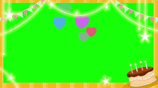 Birthday frame features a chocolate cake with glowing candles and decorative heart icons set against a vibrant green background for festive social media content.
