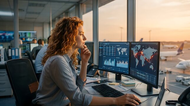 Woman analyzing global supply chain data on dual computer screens in a modern office at sunset with airport view, showing logistics and international trade operations visualization.