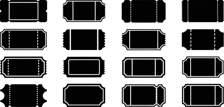 Collection of Black Silhouette Ticket Icons with Different Borders admission entry