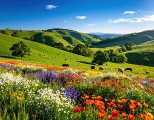 Fototapeta premium A vibrant meadow bursting with colorful wildflowers, dotted with grazing cattle under a clear blue sky.