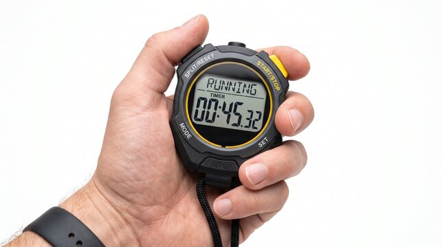 Hand Holding Digital Stopwatch Displaying Running Time for Sport and Fitness Training on White Background