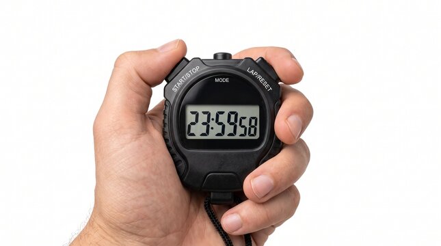 Close-up of a human hand holding a black digital stopwatch displaying 23:59:58, isolated on a white background. Concept for time management, deadlines, sports timing, urgency, or competition.