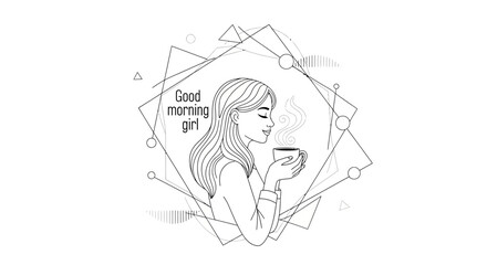 Obraz premium Woman enjoying morning coffee, geometric frame, line art, good morning concept