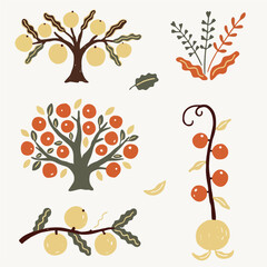 Naklejka premium A collection of stylized hand-drawn fruit trees and botanical elements in earthy tones like burnt orange yellow and olive green. Minimalist folk art style on a neutral background.