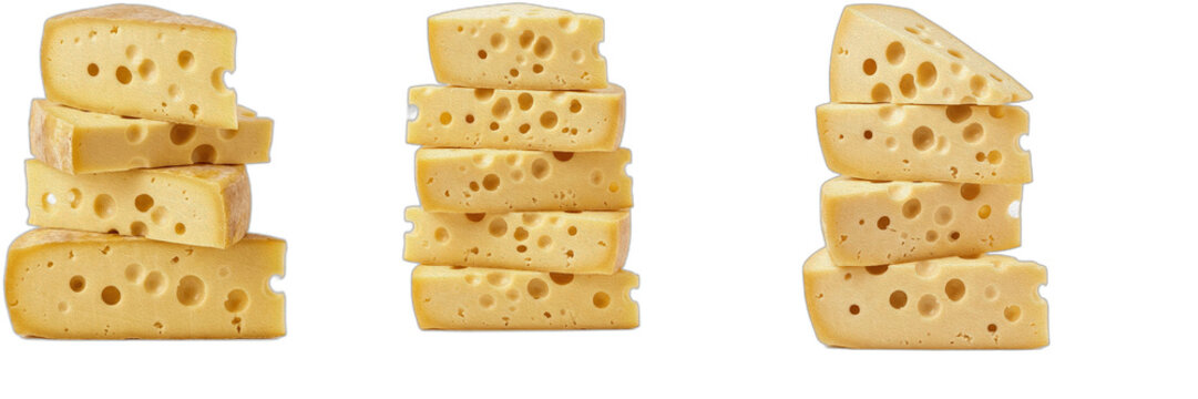 Swiss Cheese Slices PNG Set - Yellow Cheese Blocks Stack Isolated on Transparent Background for Gourmet Grocery Graphic Design, Dairy Product Web Elements, Sandwich Cooking Clipart Digital Stock Asset