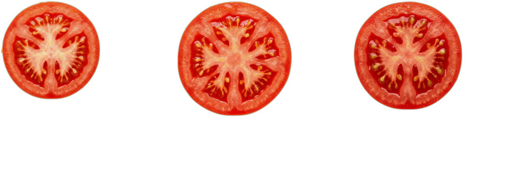 Fresh Tomato Slices PNG Isolated on Transparent Background - High Quality Red Tomato Cross Section Cut for Cooking, Culinary, Food Graphic Design, Salad Recipes, and Healthy Diet Vector Element Asset