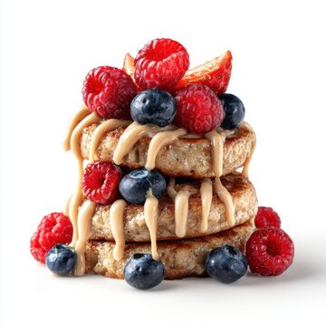 Sugar-free dessert banana oat mini pancakes stacked isolated on a white background