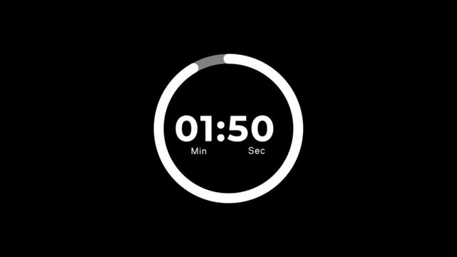 2 Minute countdown animation on black background.Digital Countdown timer one minute animation on transparent background.