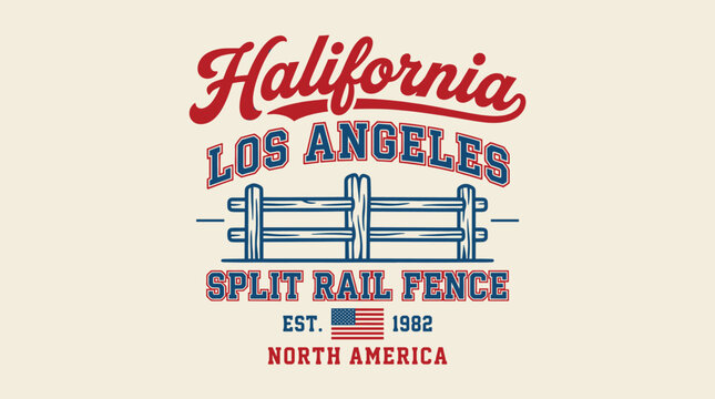 Vintage varsity Halifornia Los Angeles split rail fence graphic with American flag, retro athletic vector illustration for t-shirt design.