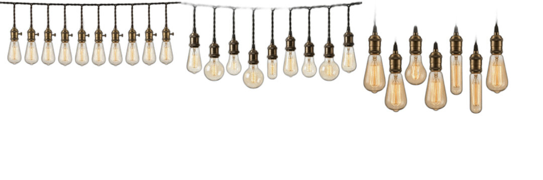 Vintage Edison Light Bulb Garlands and Cluster Set Isolated on Transparent Background, Retro Hanging String Lights Vector PNG