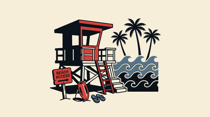 Obraz premium Vintage California lifeguard tower with palm trees and ocean waves, retro graphic illustration for t-shirt design and summer apparel branding