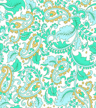 Seamless floral paisley pattern with teal and gold swirls on white background