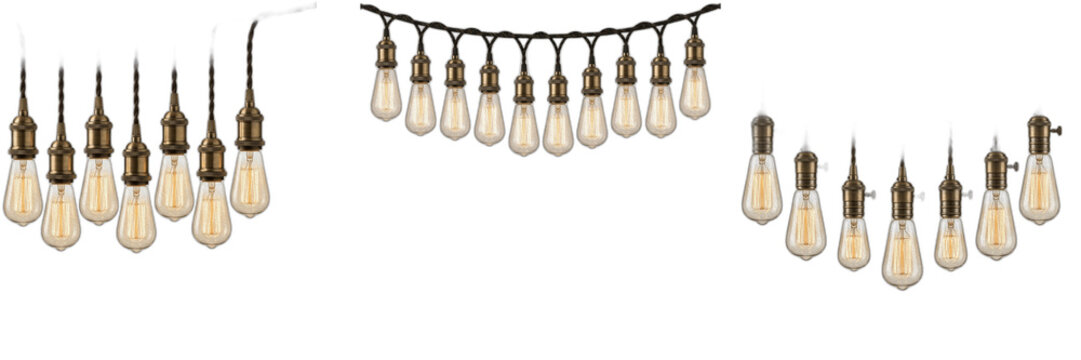 Vintage Edison String Lights PNG Set, Hanging Garland Bulbs Clipart, Retro Industrial Pendant Lamps, Warm Glowing Decorative Illumination Graphics, Bistro Caf&eacute; Party Wedding Lighting, Rustic Loft Deco