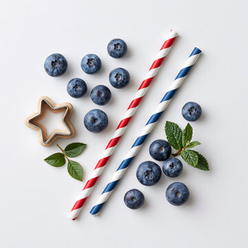Blueberries and Red White Blue Straws on White Flat Lay