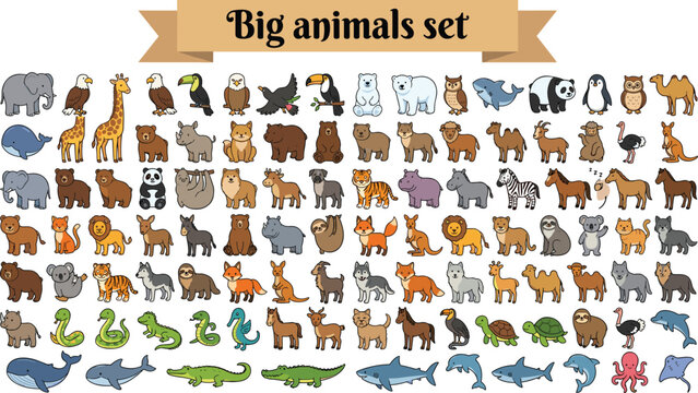 Big Cute Cartoon Animals Mega Set &ndash; 100+ Wildlife Safari Farm Ocean Animals Vector Clipart Collection
