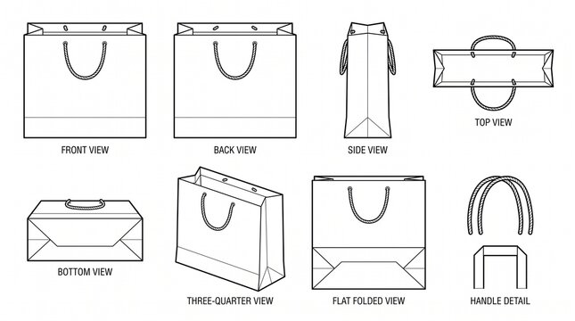 Paper Shopping Bag Tech Pack Vector Template with Multiple Views for Product Design