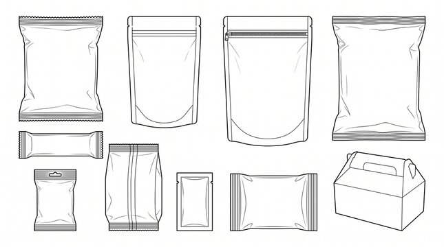 Set of Food and Snack Packaging Mockups Vector Line Art Outline Templates