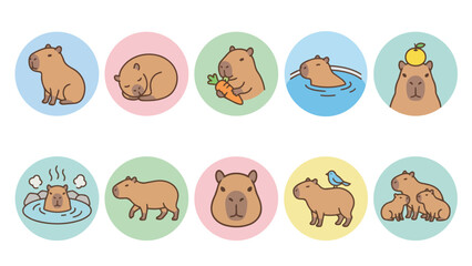 Fototapeta premium Cute capybara character icons showing various daily activities