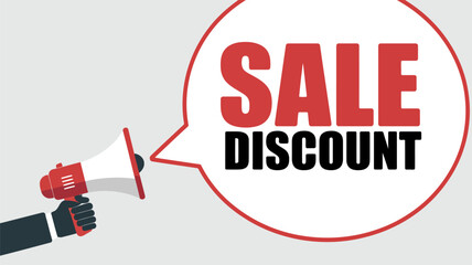 Fototapeta premium Hand in suit holding megaphone with red outline announcing SALEDISCOUNT 