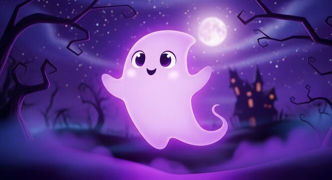 Cute cartoon ghost character floating in purple halloween night scene