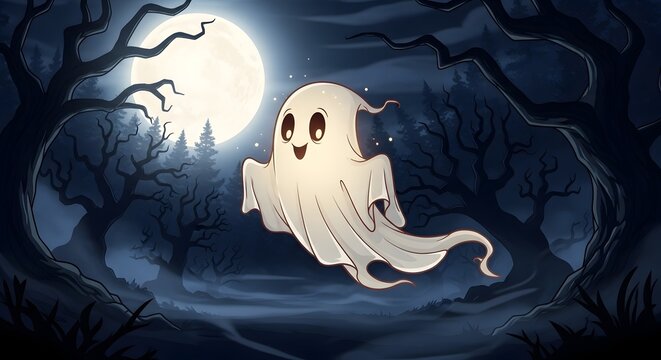Cute little ghost floating in dark woods under full moon for halloween