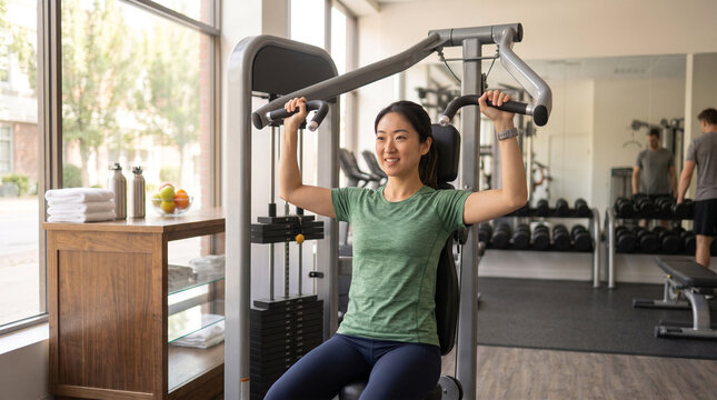 Determined Japanese woman exercising on a chest press machine at a professional fitness gym