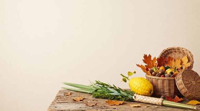 Sukkot, lulav bundle and bright yellow etrog resting beside woven baskets and autumn leaves, soft cream background