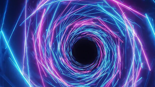 A mesmerizing swirl of neon pink and blue lights forms a vibrant tunnel effect in a dark space with glowing lines.