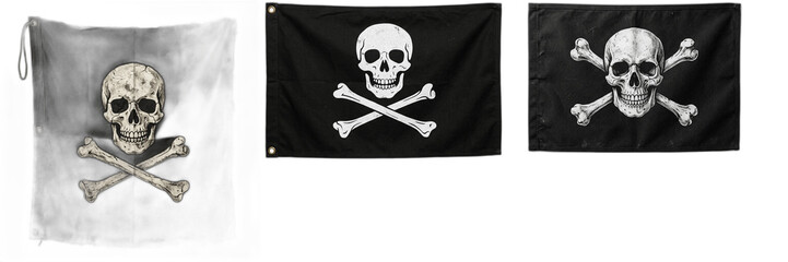 Naklejka premium Pirate Flag Jolly Roger Skull and Crossbones PNG Clipart Set, Black and White Pirate Banner Isolated Graphic Elements for Halloween Party Decor, Historical Nautical Vessel Flags, Grim Reaper Skeleton 
