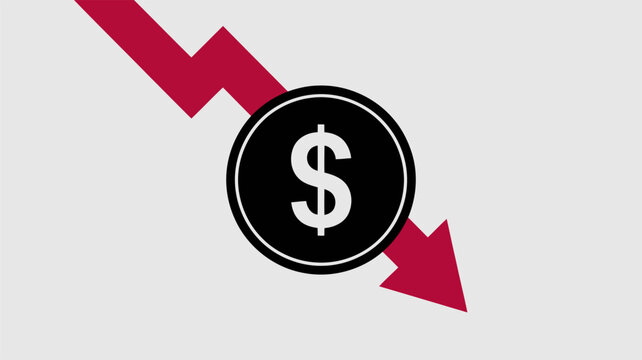 Red downward arrow and black coin with white dollar sign finance money