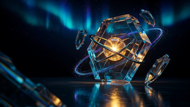 Futuristic quantum energy cube with glowing atomic technology concept